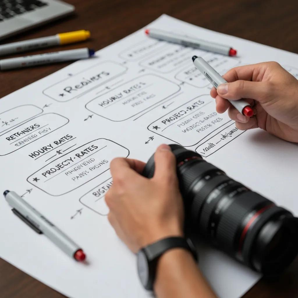 Close-up of a whiteboard with various marketing agency pricing models, showcasing creativity and strategic planning