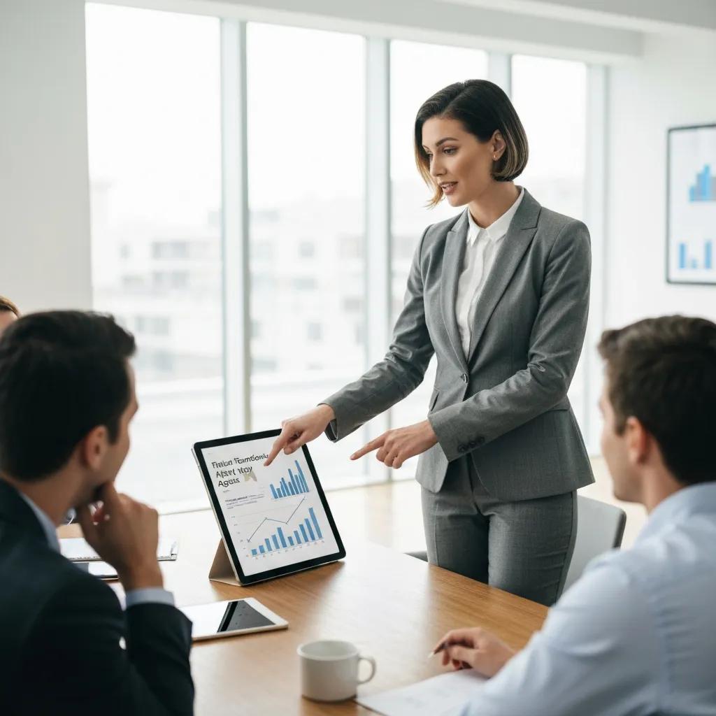 Marketing consultant explaining factors influencing agency costs in a professional conference room setting